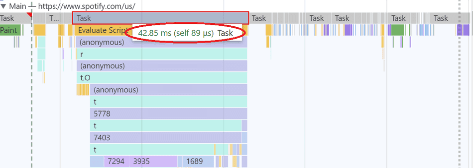 A screenshot highlighting the time it takes to execute a Task on the Main Thread