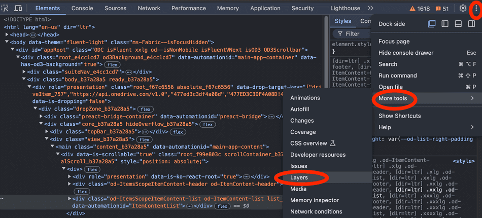 A screenshot of the Menus view in Chromium for the Layers tool. A screenshot of the Menus view in Chromium for the Layers tool.