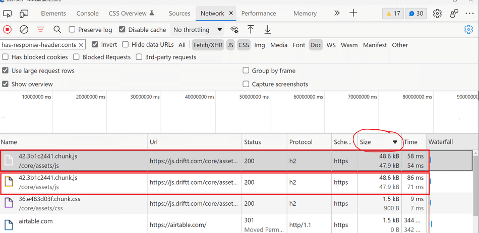 A screenshot of the Chromium F12 Network Tab Resource Size highlighted