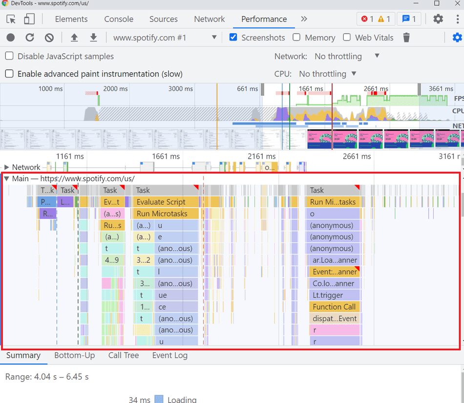 A screenshot highlighting the Main Profiler Pane in Chromium DevTools